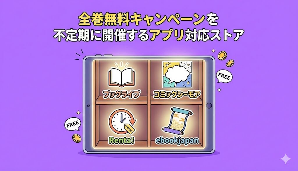 全巻無料キャンペーンを不定期に開催するアプリ対応ストアを比較
