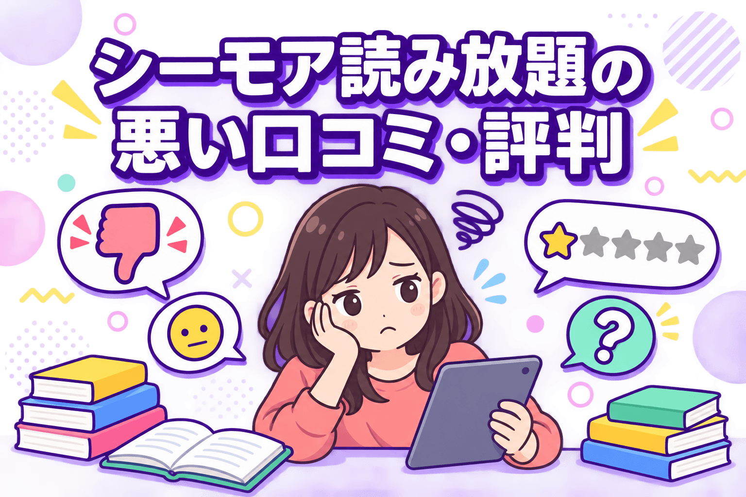シーモア読み放題の悪い口コミ・評判を困った読者と低評価アイコンで表現
