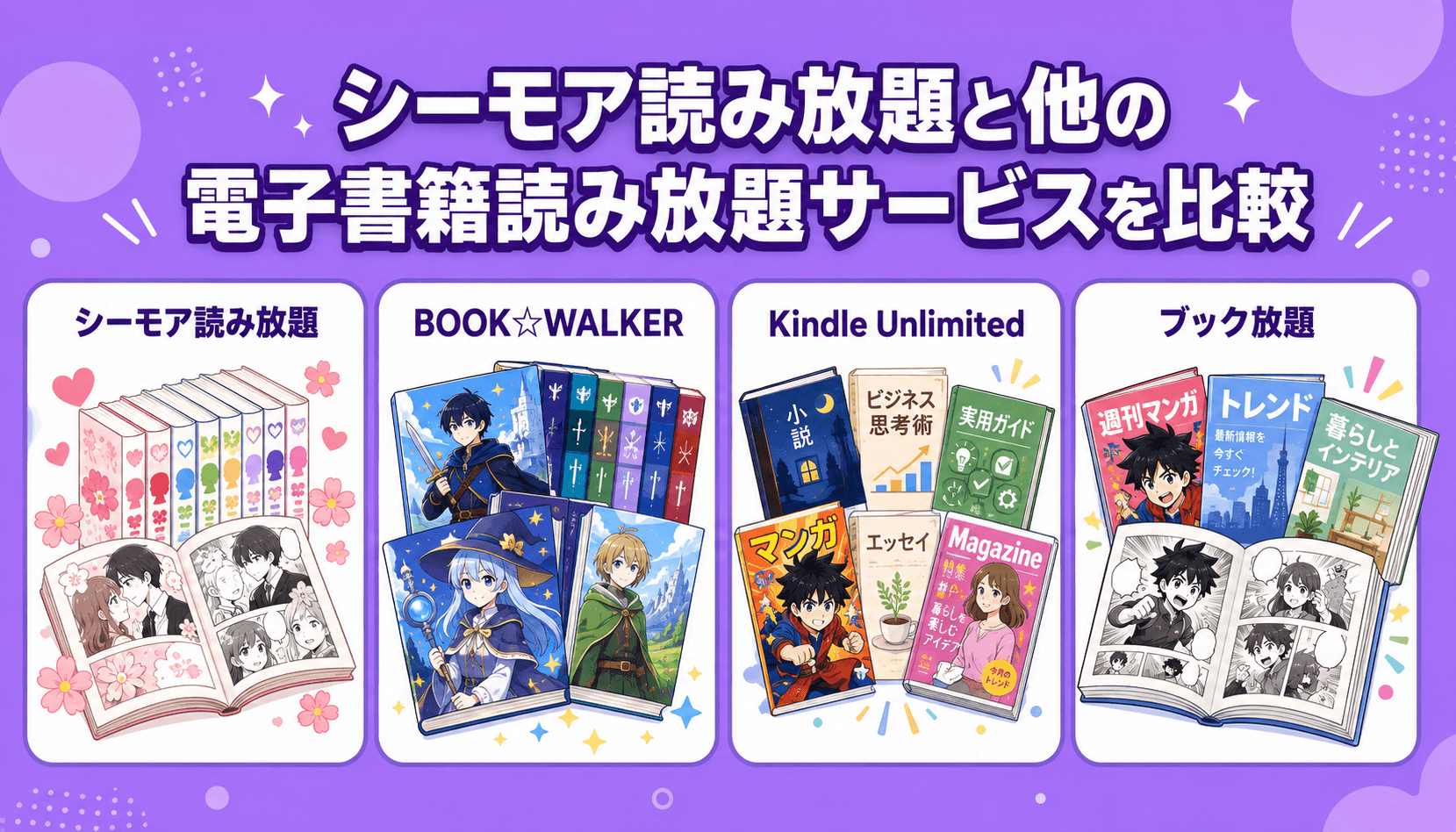 シーモア読み放題とBOOK☆WALKER、Kindle Unlimited、ブック放題の特徴を比較