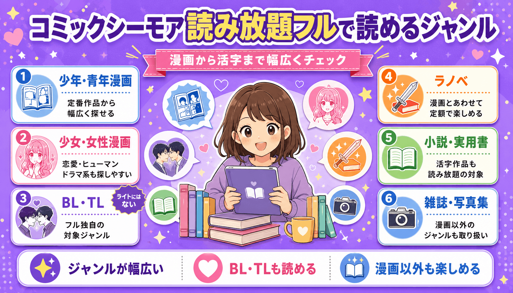 コミックシーモア読み放題フルで読める少年・青年漫画、少女・女性漫画、BL・TL、ラノベ、小説・実用書、雑誌・写真集を紹介した画像