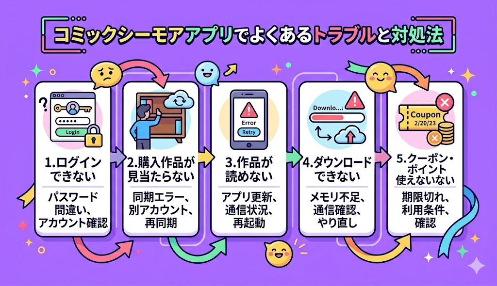 コミックシーモアアプリでよくあるトラブルと対処法