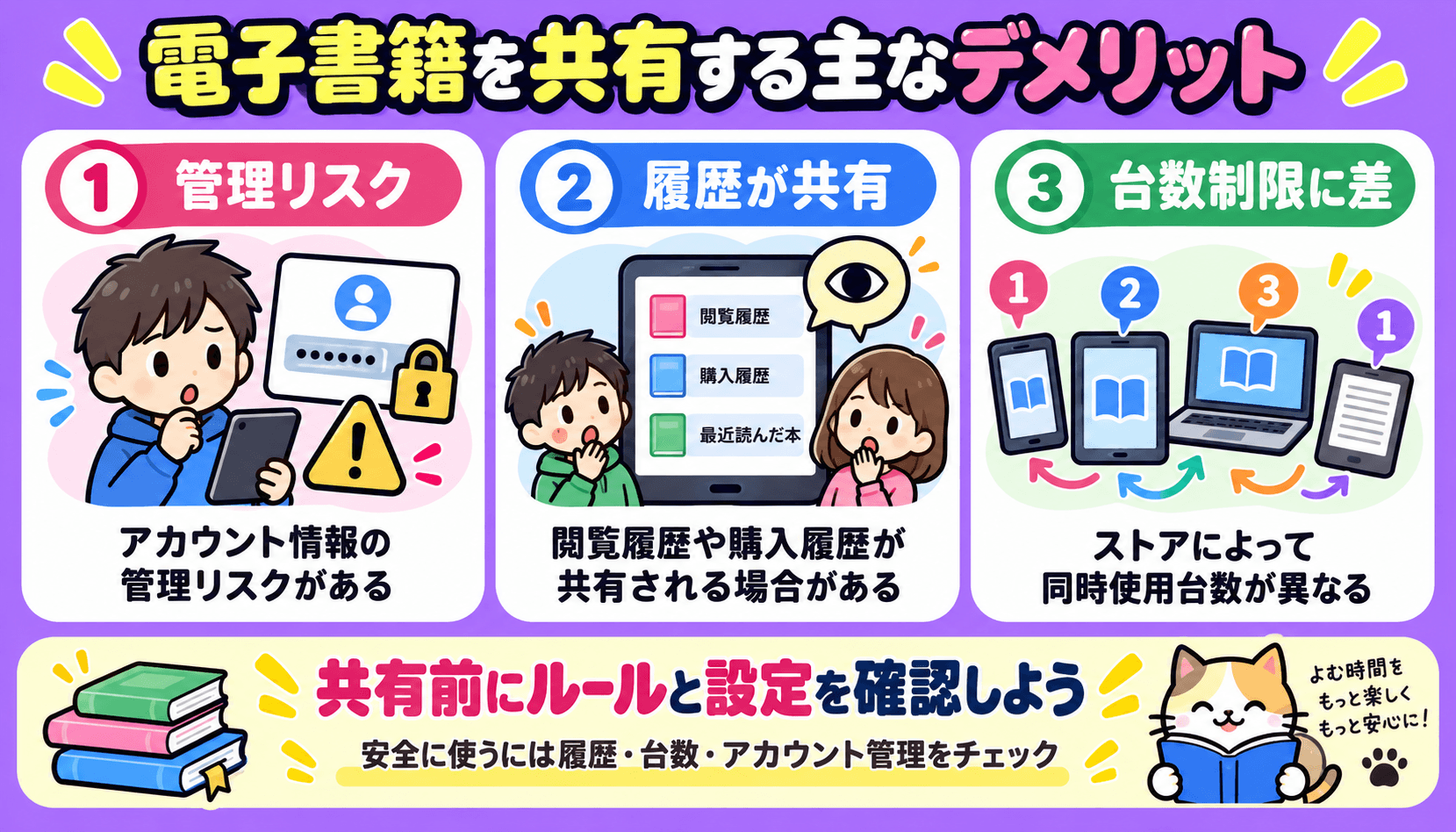 電子書籍を家族で共有する主なデメリットを解説した図解