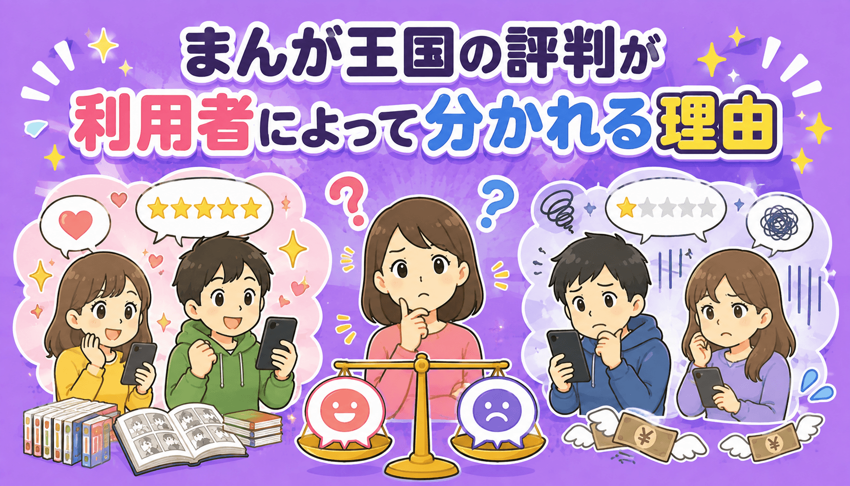 まんが王国の評判が利用者によって良い口コミと悪い口コミに分かれる理由を表したイメージ