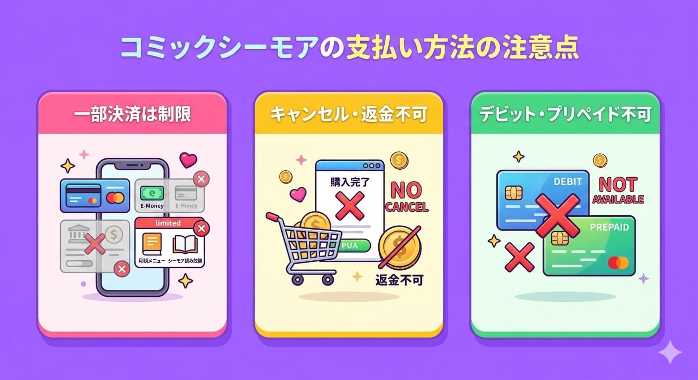 コミックシーモアの支払い方法の注意点