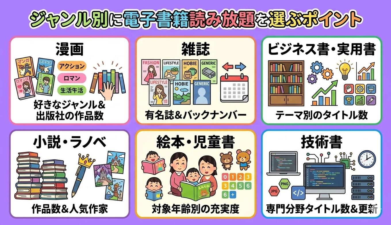 ジャンル別に電子書籍読み放題を選ぶポイント