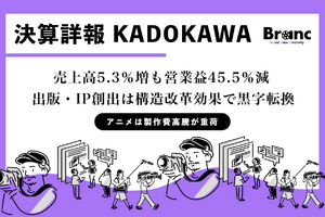 KADOKAWA第1四半期決算、売上高5.3％増も営業益45.5％減。早期退職の特損54億円で純損失45億4,000万円に 画像