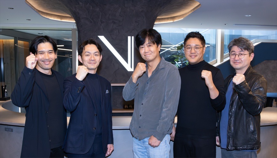 左から、THE SEVENの赤羽智史CVO（チーフVFXオフィサー）、瀬戸口克陽CEO、M83のチョン・ソンジンCEO、ユン・ラウルCSO、Mortarheaddのノ・グクテCEO