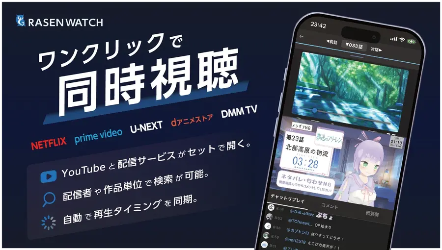 映像配信サービスとYouTubeを自動同期。スマホ1台で「同時視聴」が完結するiOSアプリ「RASENWATCH」が提供開始
