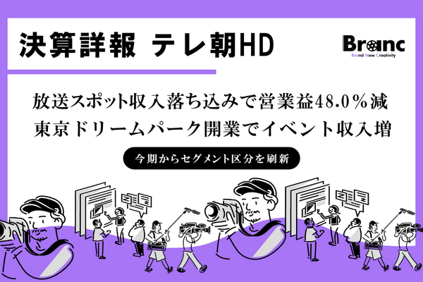 テレビ朝日HD、2026年度第1四半期は営業益48.0％減。TDP開業で新セグメントが売上倍増も、放送スポット収入が落ち込む 画像