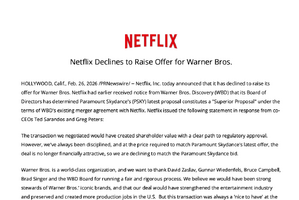Netflix、ワーナー・ブラザース買収の提案引き上げを正式に見送り。パラマウント・スカイダンスの提案が優位に 画像