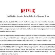 Netflix、ワーナー・ブラザース買収の提案引き上げを正式に見送り。パラマウント・スカイダンスの提案が優位に 画像