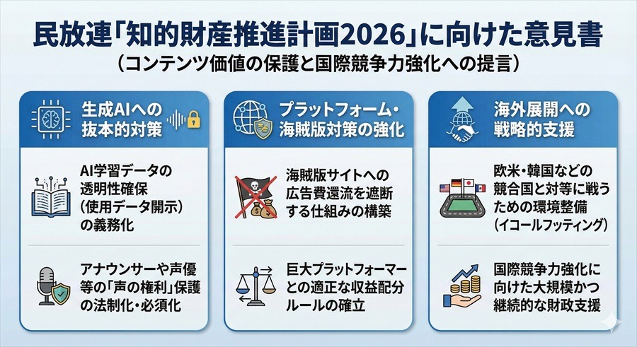 民放連、「知的財産推進計画2026」に向け意見書提出――生成AIの学習データ透明化や巨大プラットフォームへの規制強化を要望