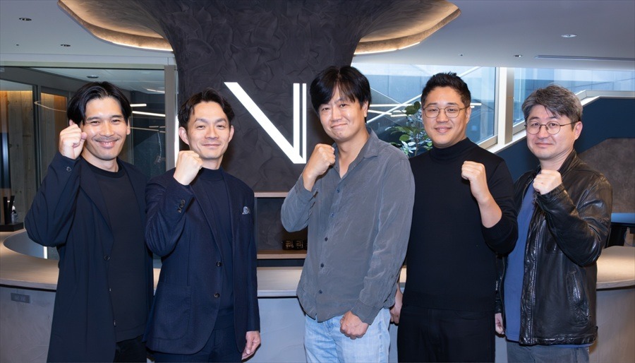 左から、THE SEVENの赤羽智史CVO（チーフVFXオフィサー）、瀬戸口克陽CEO、M83のチョン・ソンジンCEO、ユン・ラウルCSO、Mortarheaddのノ・グクテCEO