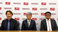 株式会社バンダイナムコホールディングス 取締役副社長 グループ戦略担当（CW360） 桃井 信彦氏（右）、株式会社バンダイナムコミュージックライブ 代表取締役社長 浅沼 誠氏（左）、株式会社ウドー音楽事務所 代表取締役社長 遠藤 敬輔氏（中央）